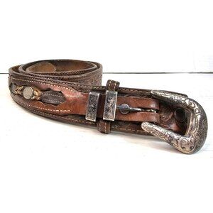 Vintage Western Tooled Leather Belt Engraved Silver Buckle Concho 46 inch length